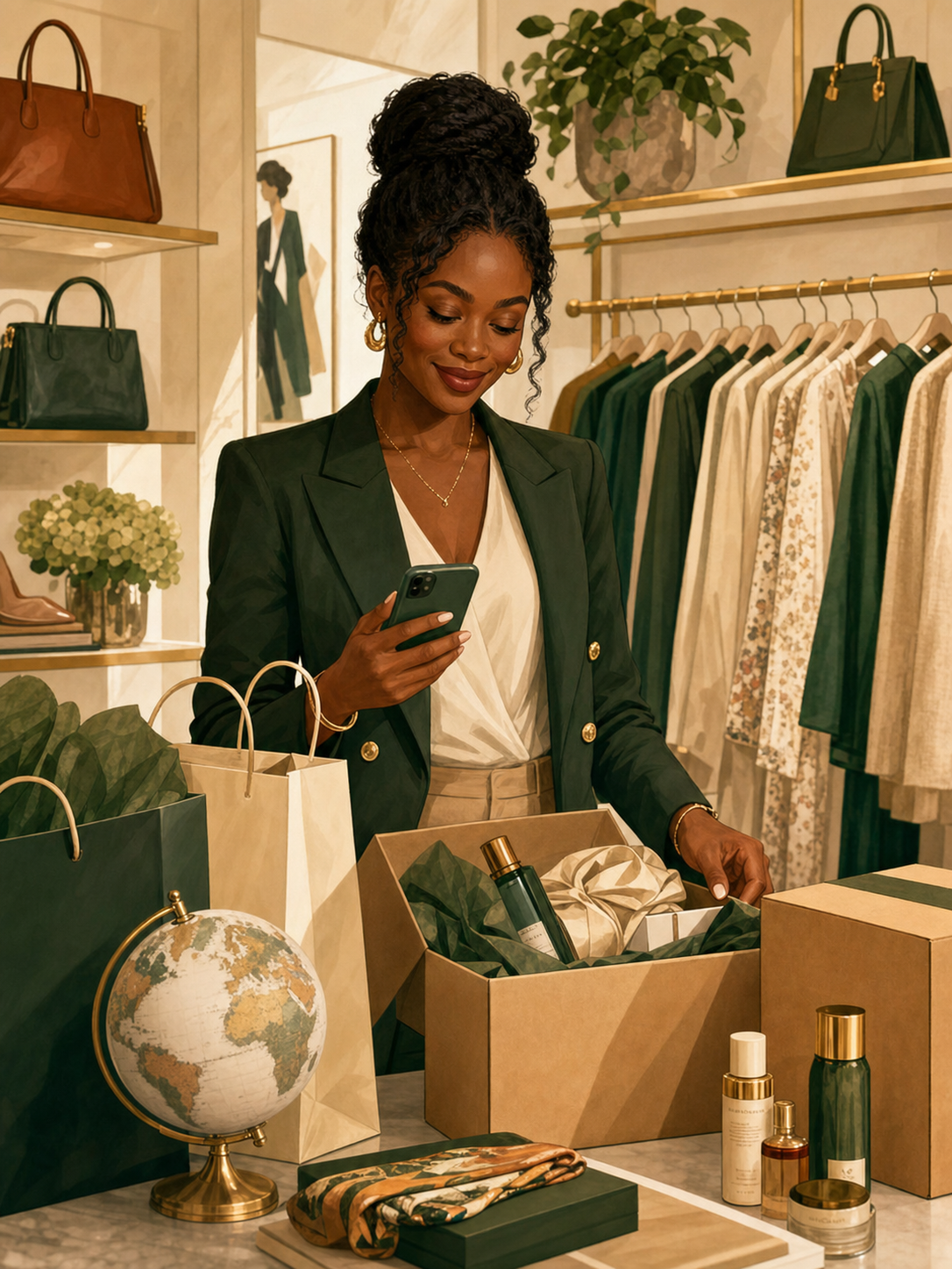 A personal shopper selecting international finds and preparing a parcel for delivery